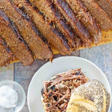 overhead view of brisket slices and sandwich