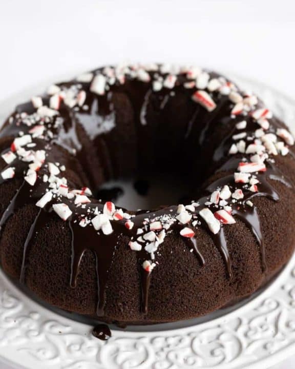 chocolate peppermint bundt cake with ganache glaze
