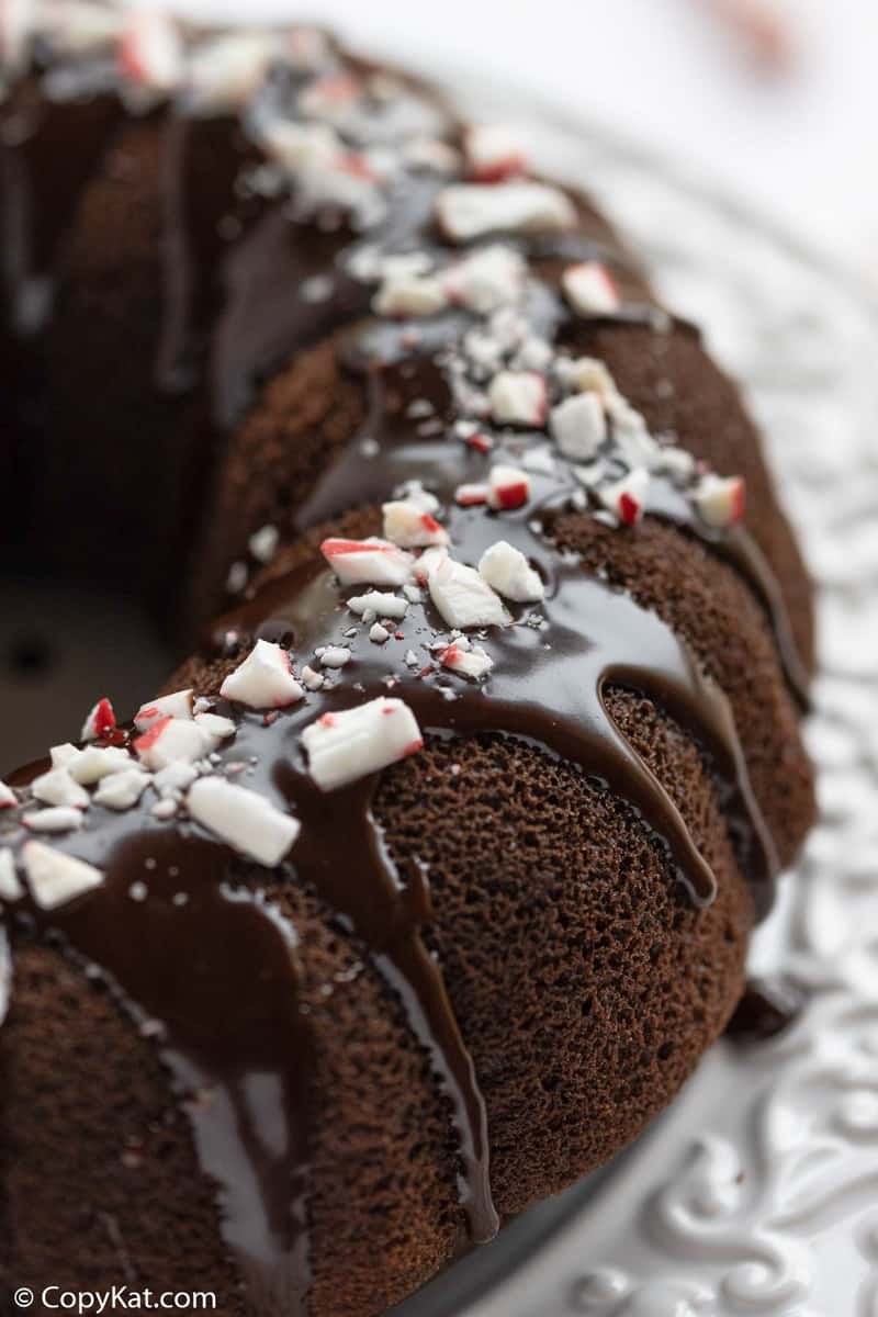 A closeup photo of chocolate peppermint bundt cake