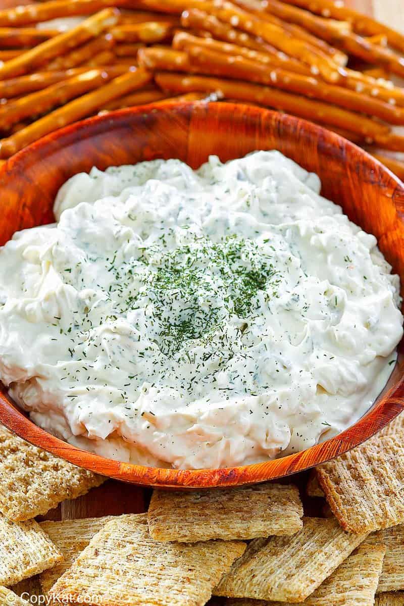 dill pickle dip, crackers, and pretzel sticks