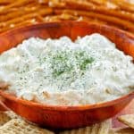 dill pickle dip, pretzel sticks, and crackers