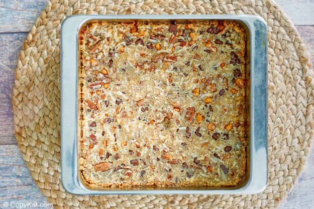 Hello Dolly Bars in the pan after being baked