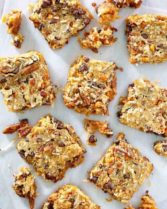 overhead view of Hello Dolly Bars on parchment paper