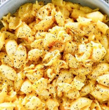overhead view of Instant Pot Macaroni and Cheese in a bowl