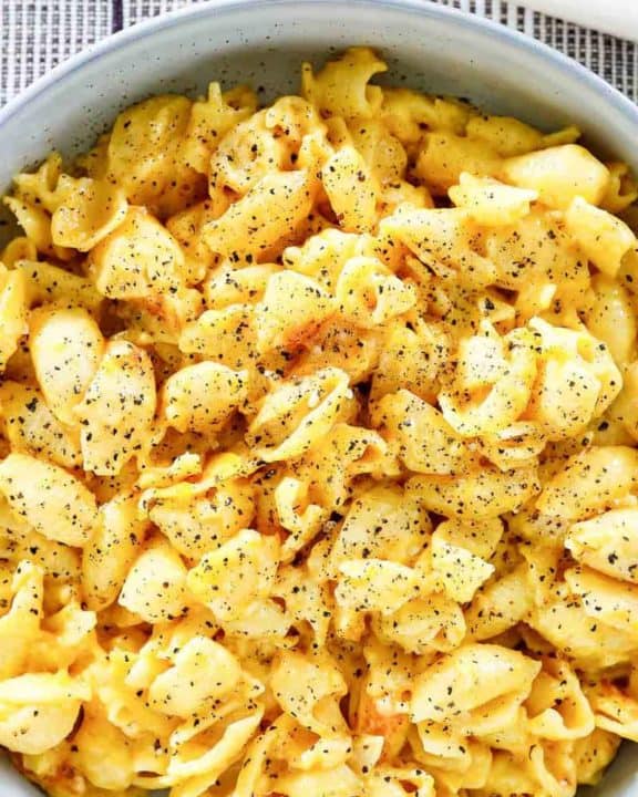 overhead view of Instant Pot Macaroni and Cheese in a bowl