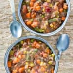 overhead view of two bowls of homemade Plaza III steak soup