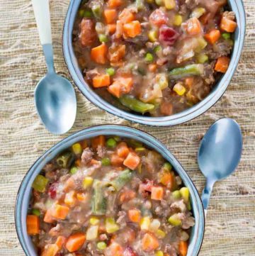overhead view of two bowls of homemade Plaza III steak soup
