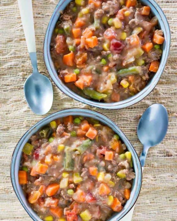 overhead view of two bowls of homemade Plaza III steak soup