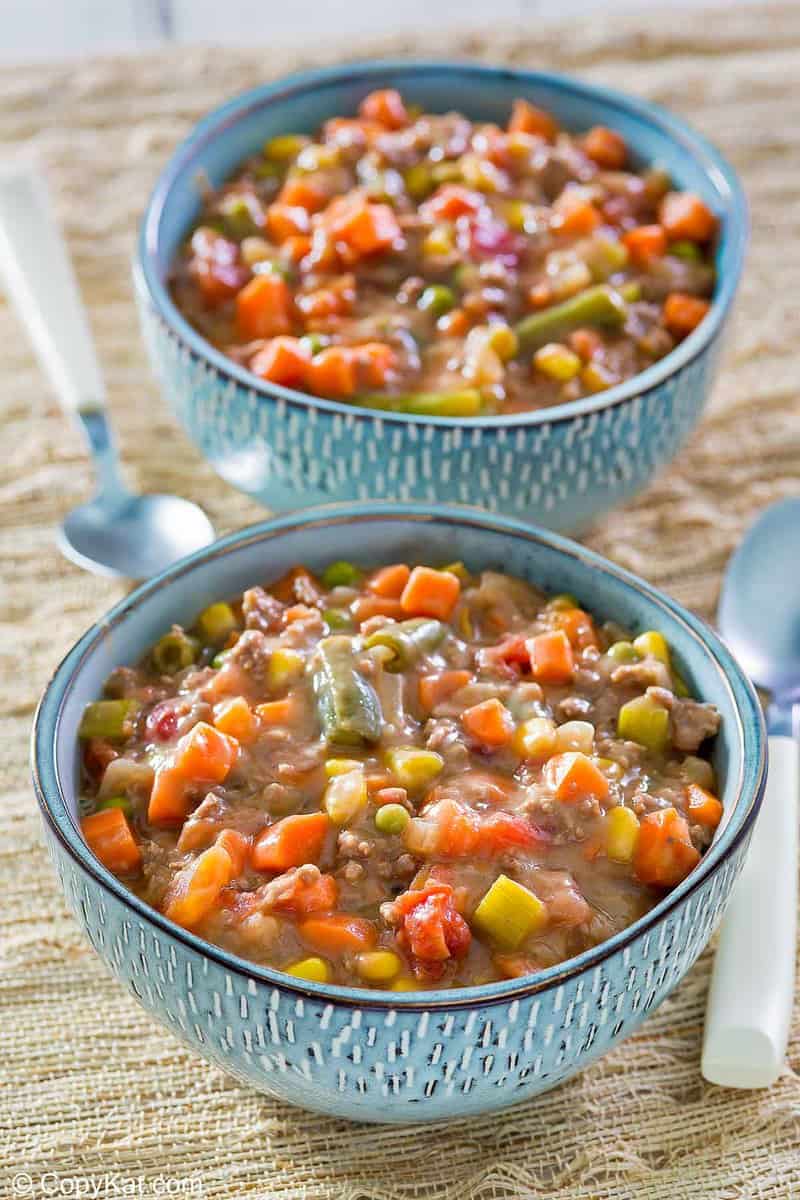 two bowls of homemade Plaza III steak soup