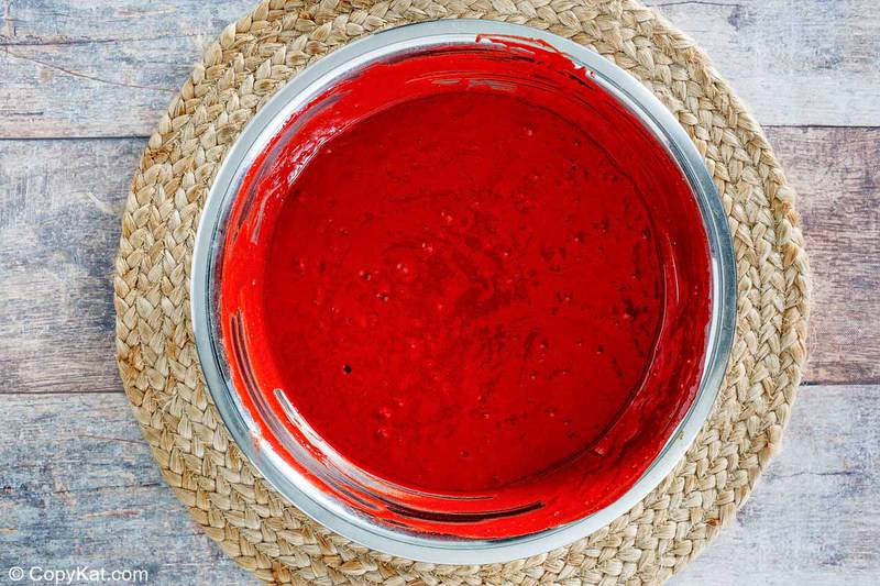 Waldorf Astoria red velvet cake batter in a mixing bowl
