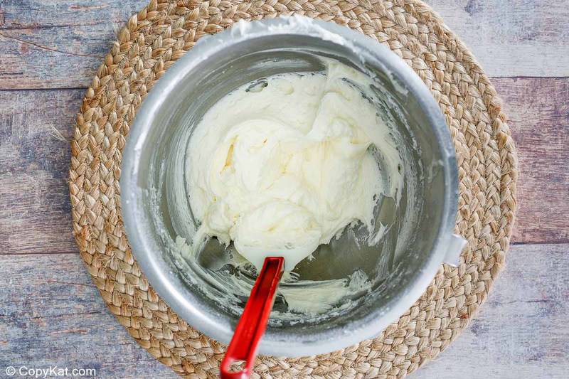 Waldorf Astoria red velvet cake frosting in a mixing bowl