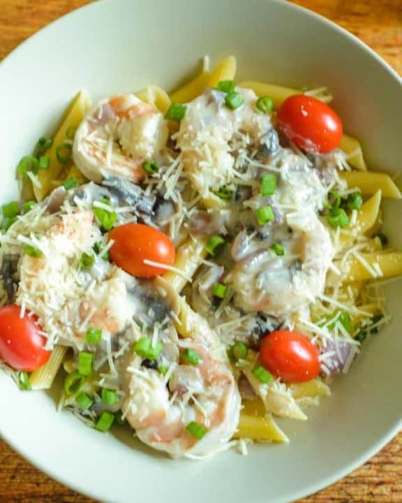 a bowl of homemade Bennigan's shrimp pasta