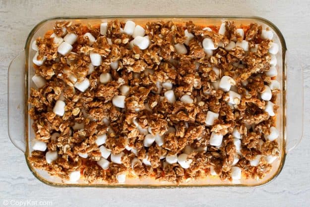homemade Boston Market sweet potato casserole in a dish before baking