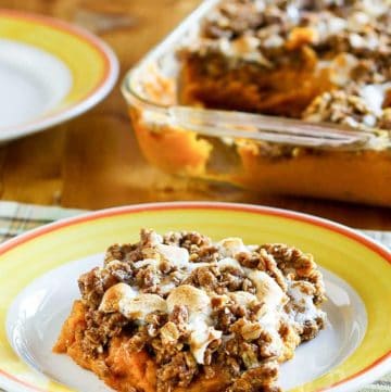 homemade Boston Market sweet potato casserole on a plate and in a baking dish