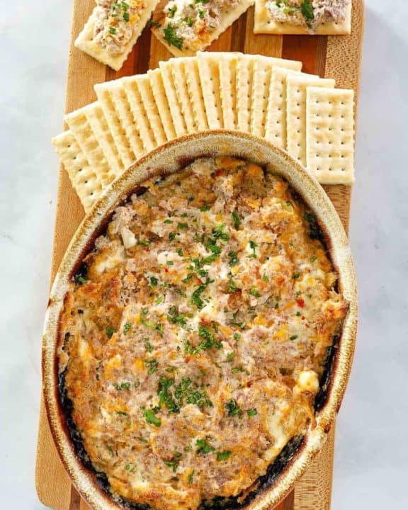 overhead view of hot boudin dip and crackers