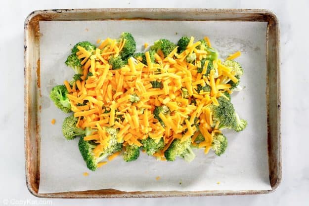broccoli topped with cheese on a baking sheet