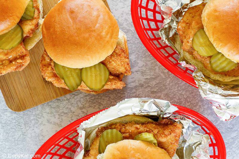 overhead view of four homemade Chick Fil A chicken sandwiches