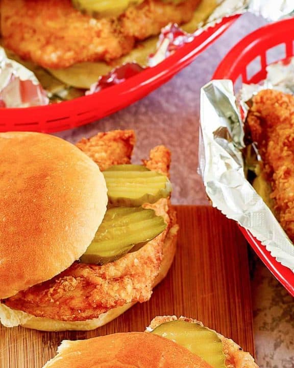 four homemade Chick Fil A Chicken Sandwiches