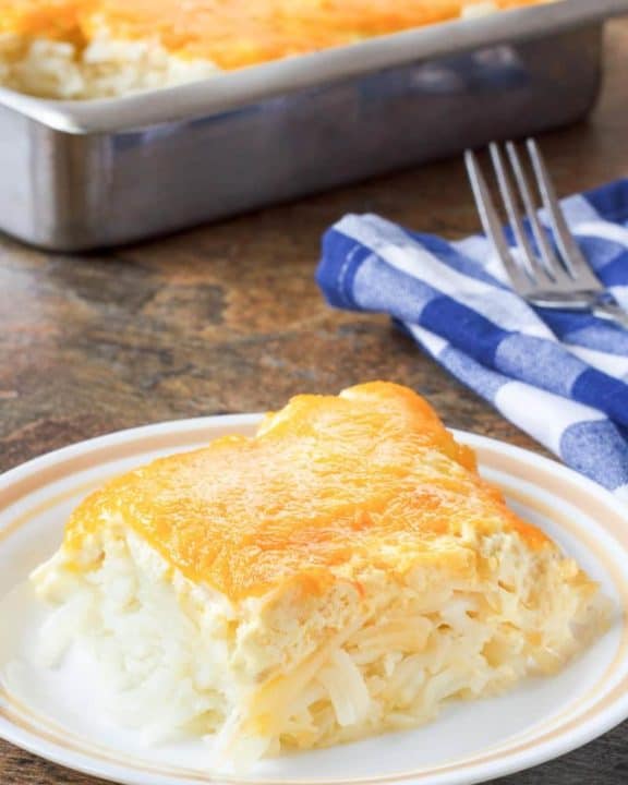 homemade Cracker Barrel hashbrown casserole on a plate