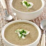 two spoons and two bowls of homemade gluten-free cream of mushroom soup