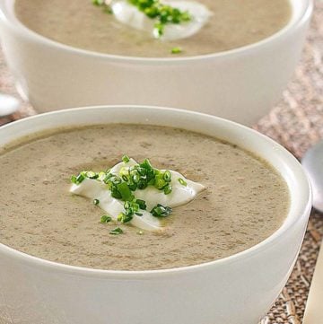 two bowls of homemade gluten-free cream of mushroom soup