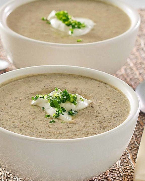 two bowls of homemade gluten-free cream of mushroom soup