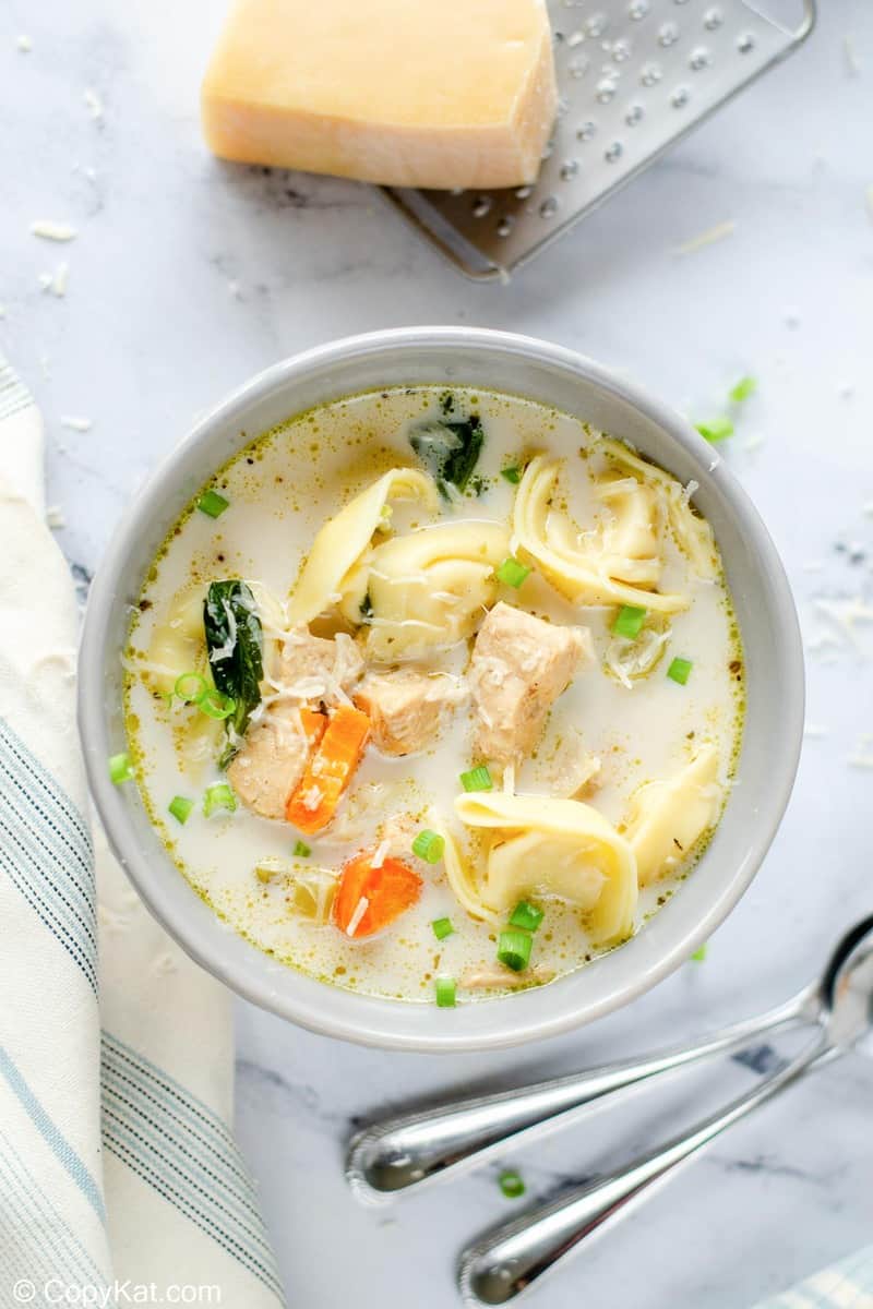 overhead view of chicken tortellini soup in a bowl and parmesan cheese