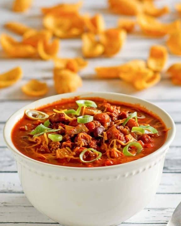 a bowl of homemade Wendy's Chili and Fritos