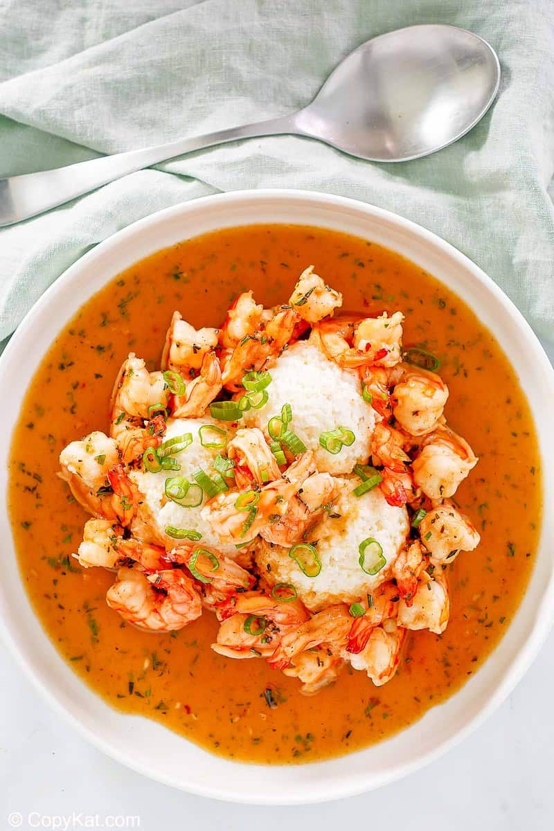 overhead view of New Orleans shrimp and grits in a bowl