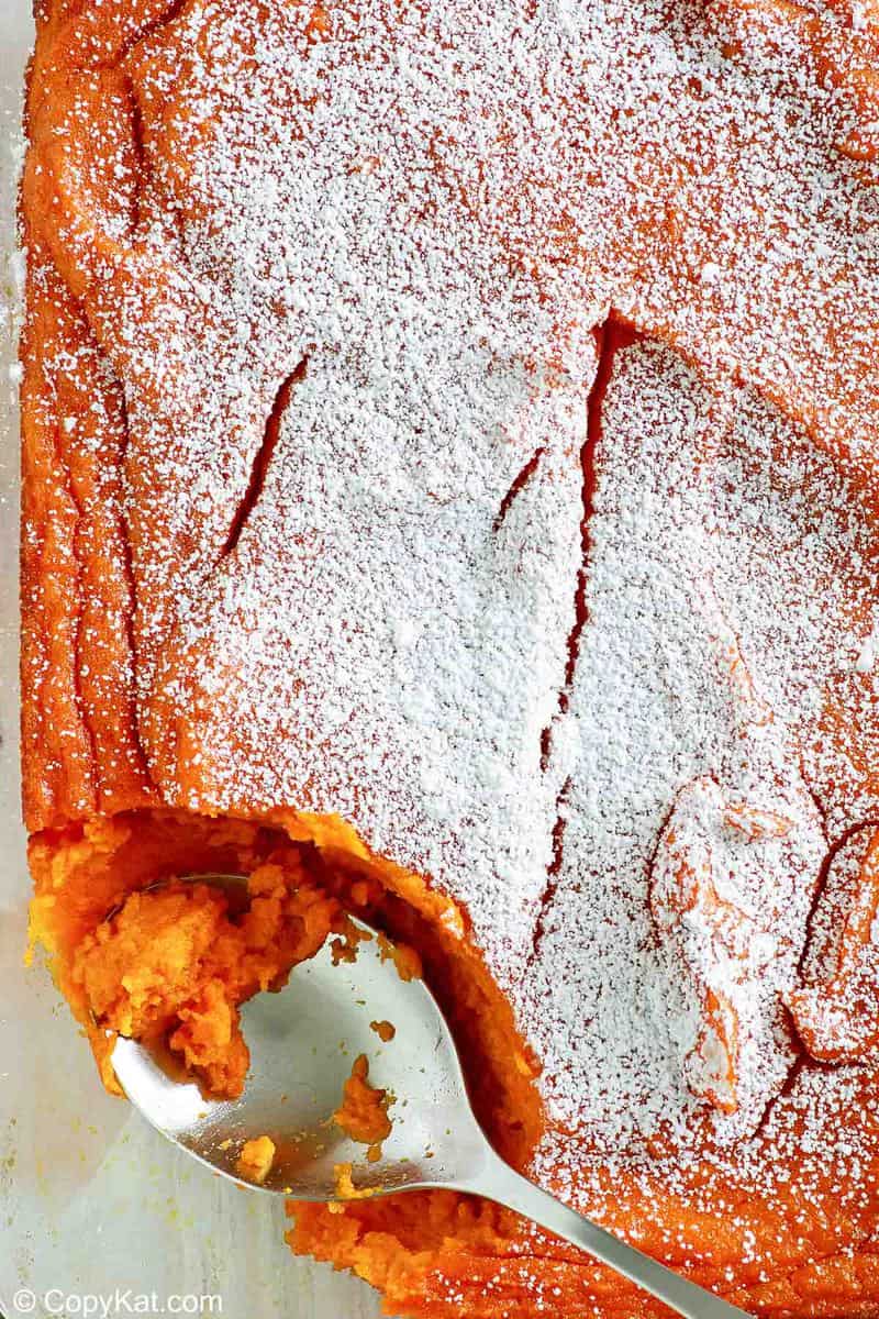 overhead view of homemade Piccadilly carrot souffle in a baking dish
