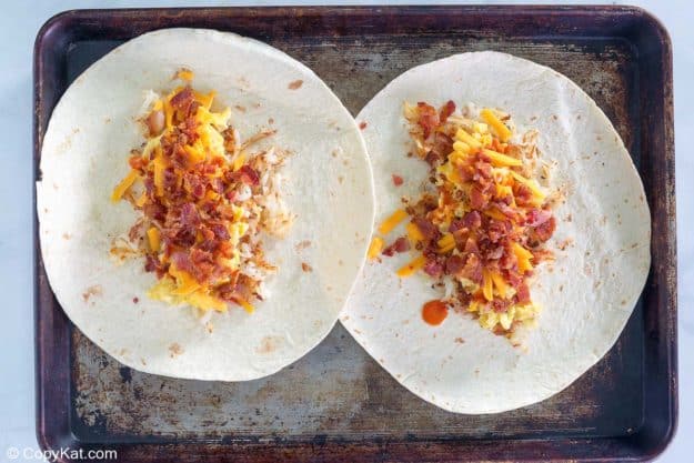 Taco Bell Breakfast Crunchwrap filling on flour tortillas