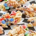 closeup photo of white trash candy snack pieces
