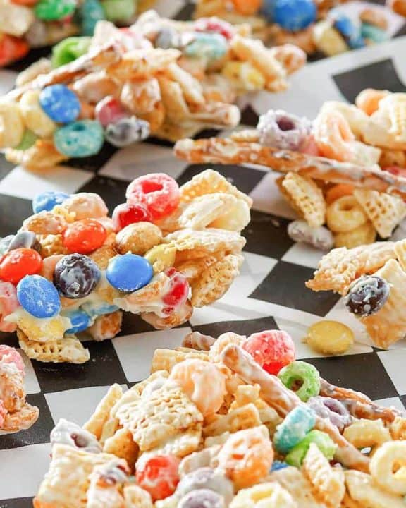 closeup photo of white trash candy snack pieces