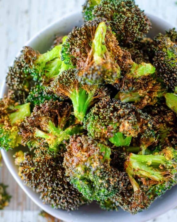 a bowl of air fryer broccoli