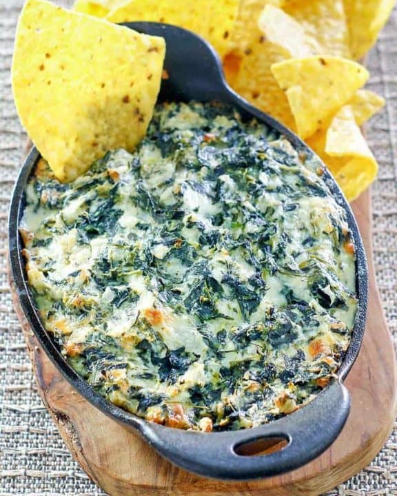 homemade Cheddar's Santa Fe spinach dip and tortilla chips