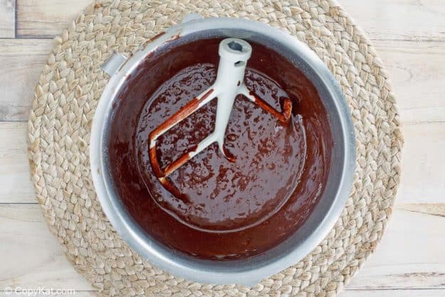 chocolate melting cake batter in a mixing bowl