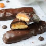 three homemade Twix bars and chocolate chips