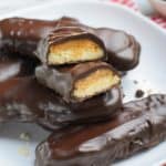 a stack of homemade Twix bars on a plate