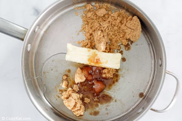 Karo syrup, butter, and brown sugar in a pan