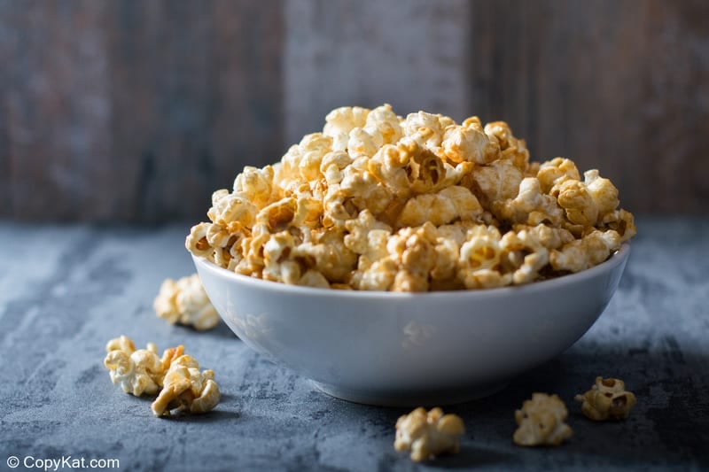 a bowl of Karo syrup caramel popcorn