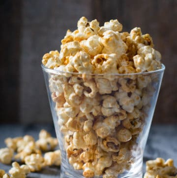 Karo syrup caramel popcorn in a glass