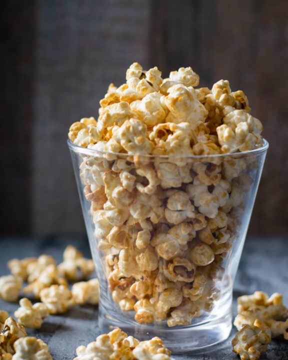 Karo syrup caramel popcorn in a glass