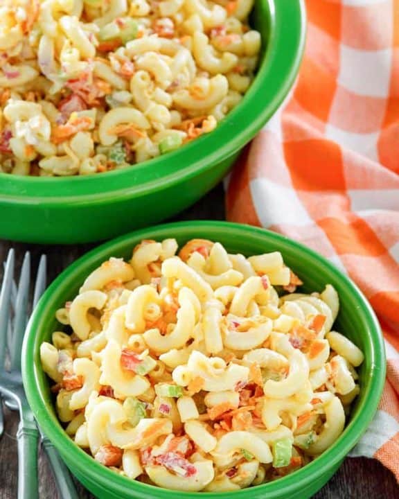 homemade macaroni salad in two bowls