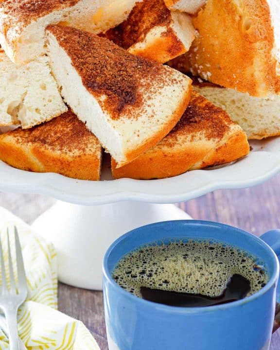 slices of old fashioned coffee cake and a cup of coffee