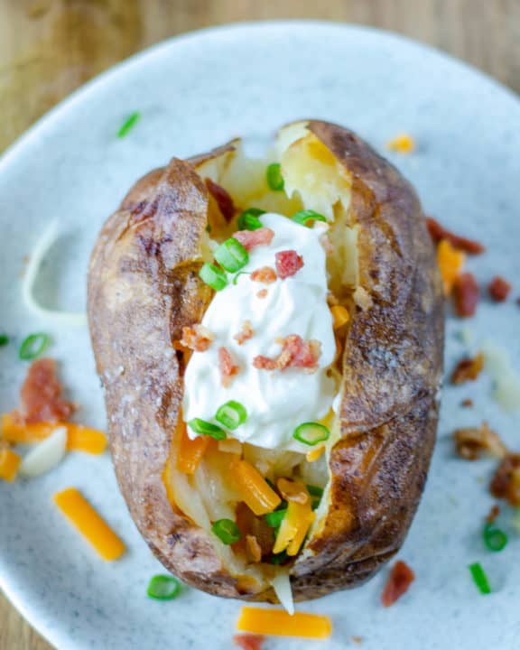 overhead view of a loaded baked potato