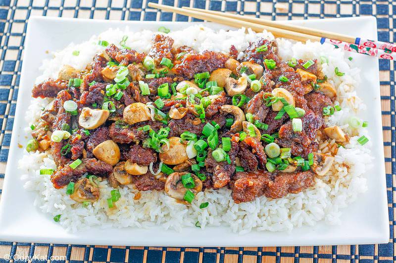 homemade Mongolia Beef and rice on a platter