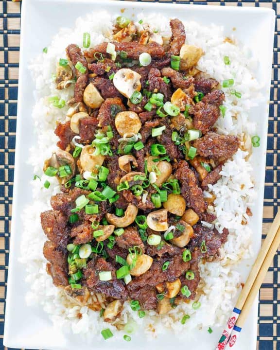 homemade Pei Wei Mongolian Beef and rice on a platter