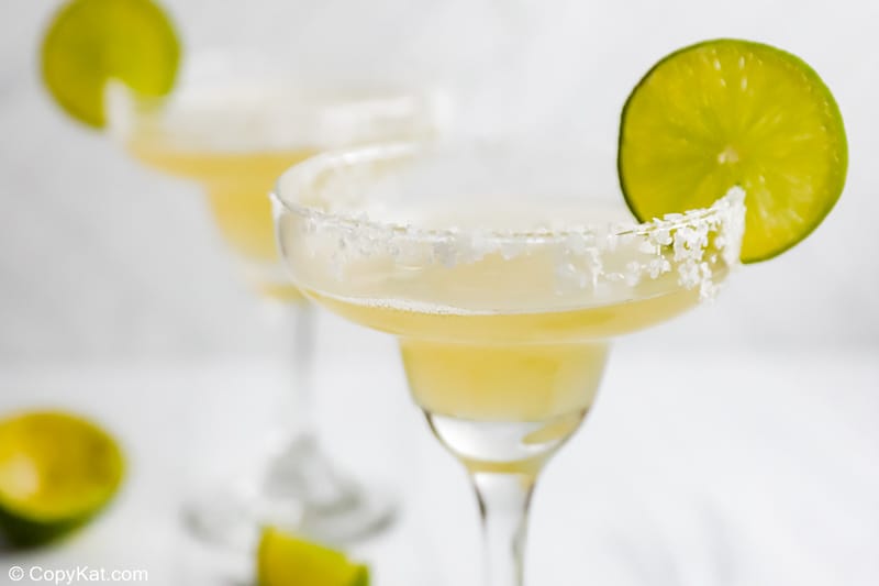 homemade Rio Bravo margarita with salt rim and lime garnish