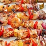 steak, chicken, shrimp, and vegetable shish kabobs