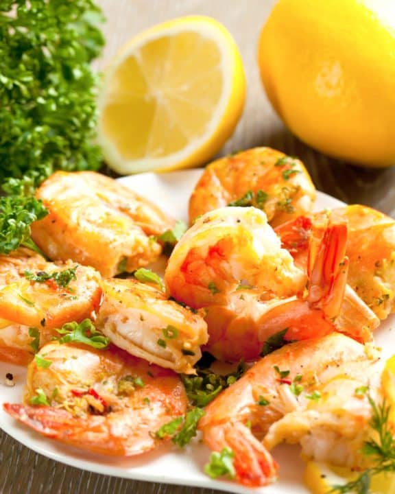 homemade Shrimp Wagon shrimp scampi on a serving dish